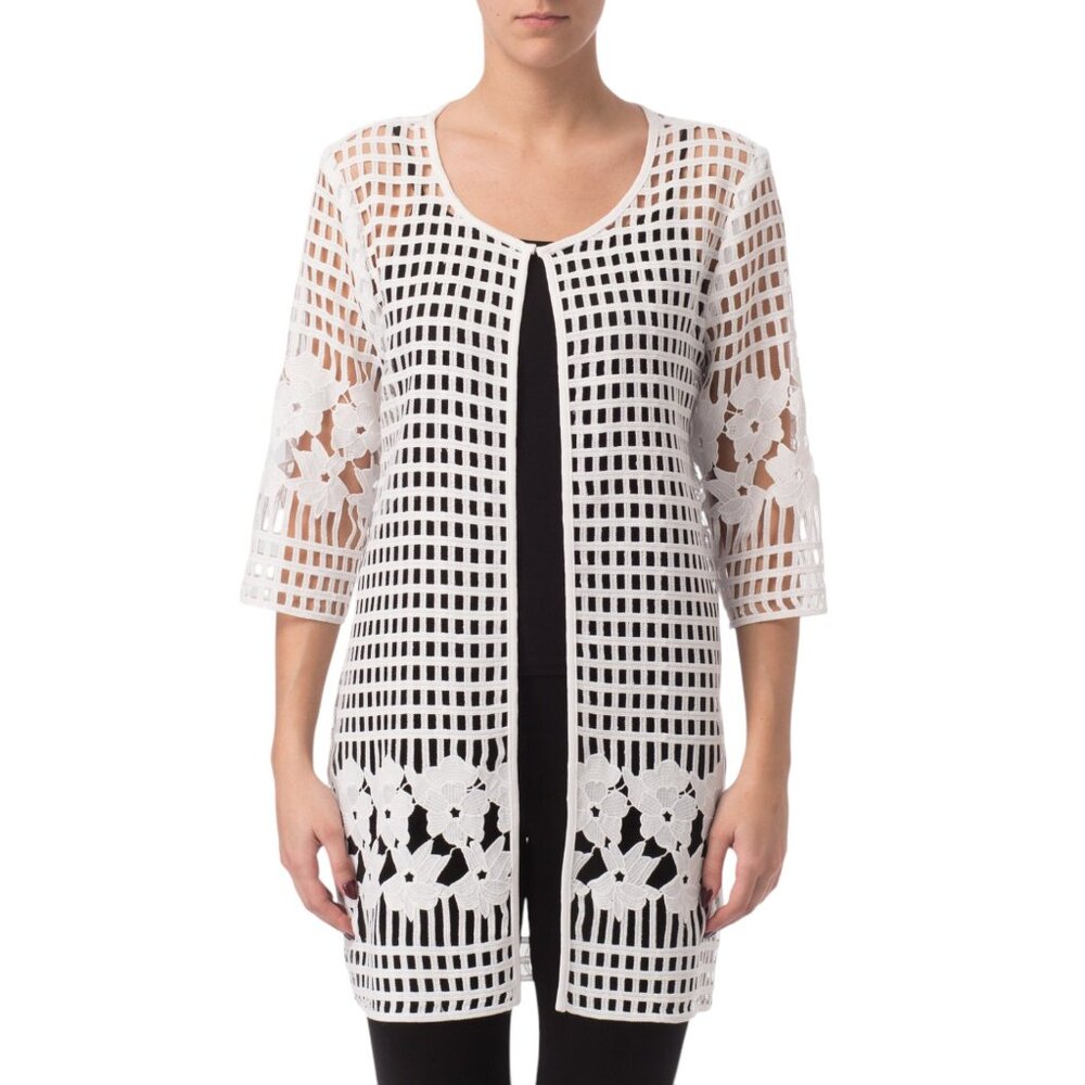 Joseph Ribkoff White Crochet Openwork Long Cardigan with Black Panel